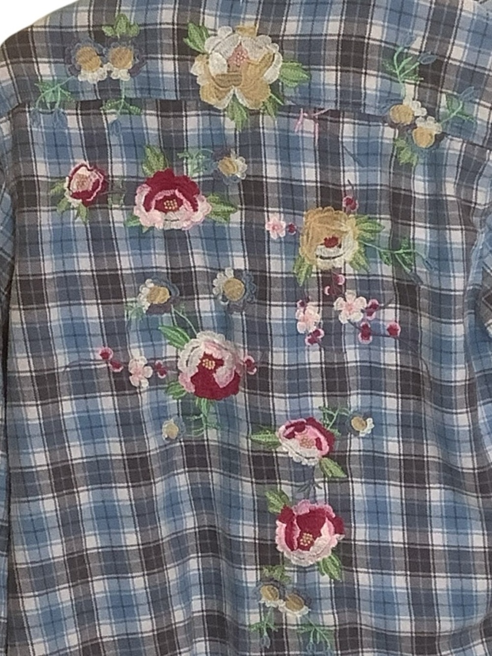 MM Vintage Plaid Embroidered Shirt Boho Festival Floral Back Top L - Picture 4 of 11